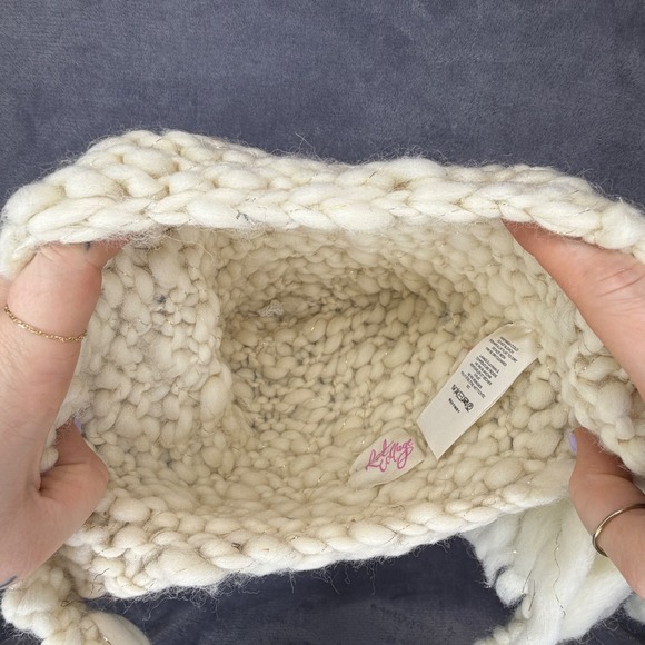 Knit Collage Beanie Hat Womens OS Cream Chunky Wool Pom Pom Anthropologie main image 4